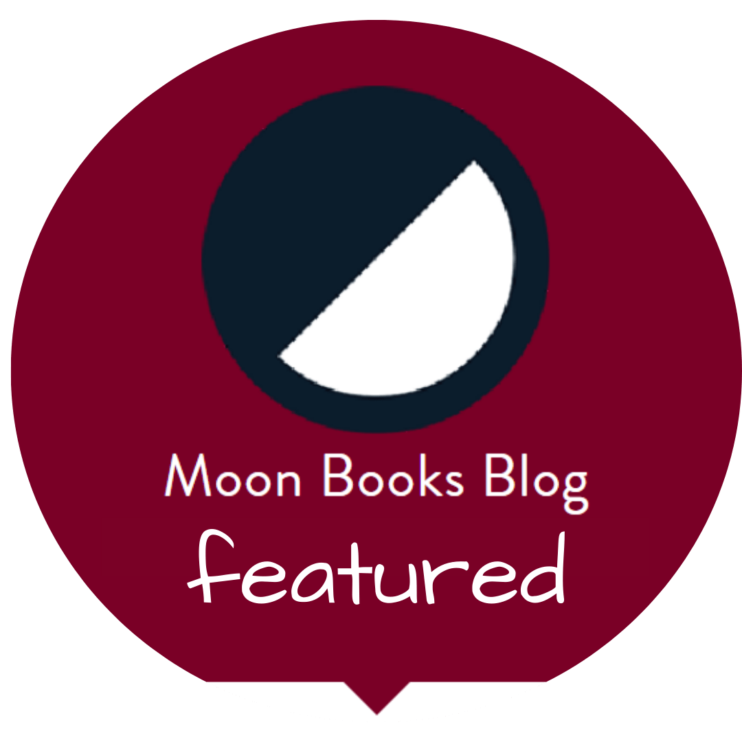 A dark red circle with a smaller black circle inside, the black circle is half white. Below is white text which reads 'Moon Books Blog featured'